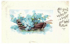 Good Wishes for a Bright and Happy Future Antique Postcard w/ Canoe Flowers 1910