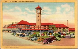 Vtg 1940s Union Station Train Depot Rail Line Portland Oregon OR Linen Postcard