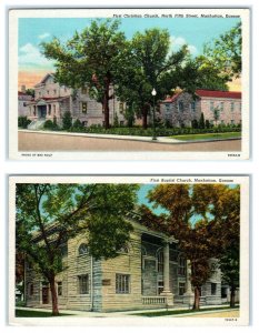 2 Postcards MANHATTAN, KS ~ First Christian Church, First Baptist Church c1940s