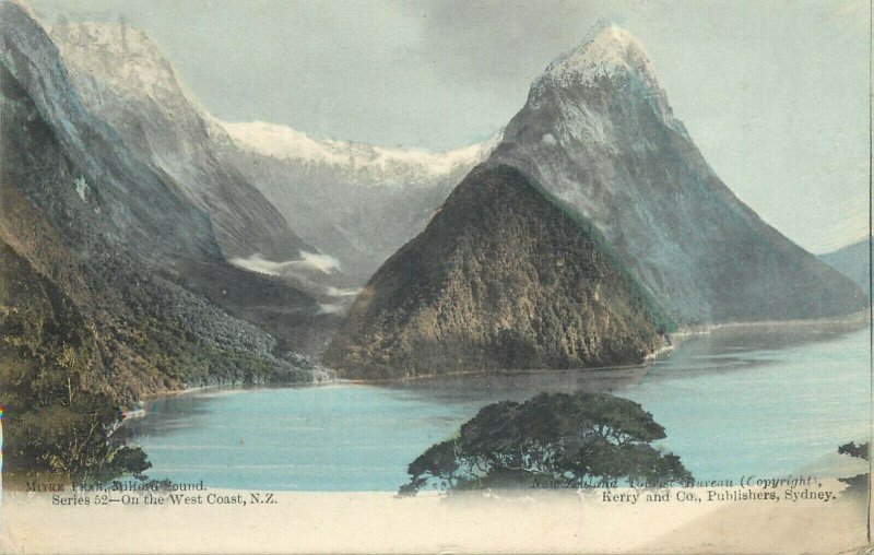 New Zealand West Coast Mitre Peak mountains from Sutherlands Milford Sound 1906 