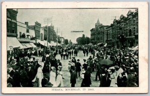 Ithaca Michigan In 1905 Postcard Street Scene Picnic Banner People Stores