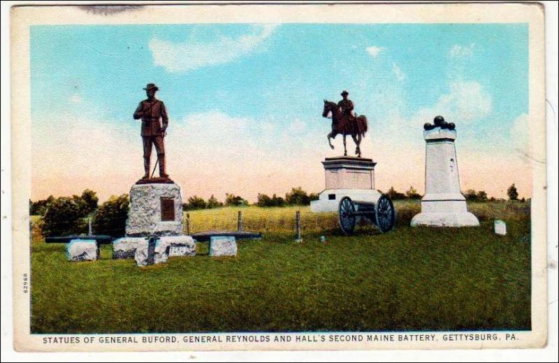 PA - Gettysburg. Statue of Gen Buford, Gen Reynolds & Hall's 2nd Maine Battery