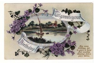 To Greet Your Birthday, Rural Scene, Flowers, Antique 1914 Greetings Postcard