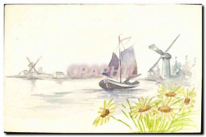 Old Postcard Fancy (drawing hand) Boat Windmill