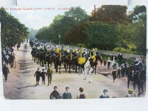 Antique Postcard 13th Hussars March Down Aveue Aldershot Posted 1908