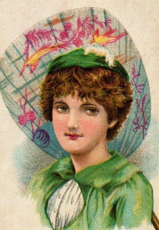 1870's Farr Haas & Co. Shoe Store Lovely Lady In Green Asian Motif Fan P172