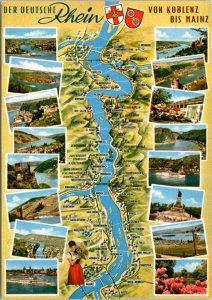 Postcard Germany Map - The German Rhine from Koblenz to Main