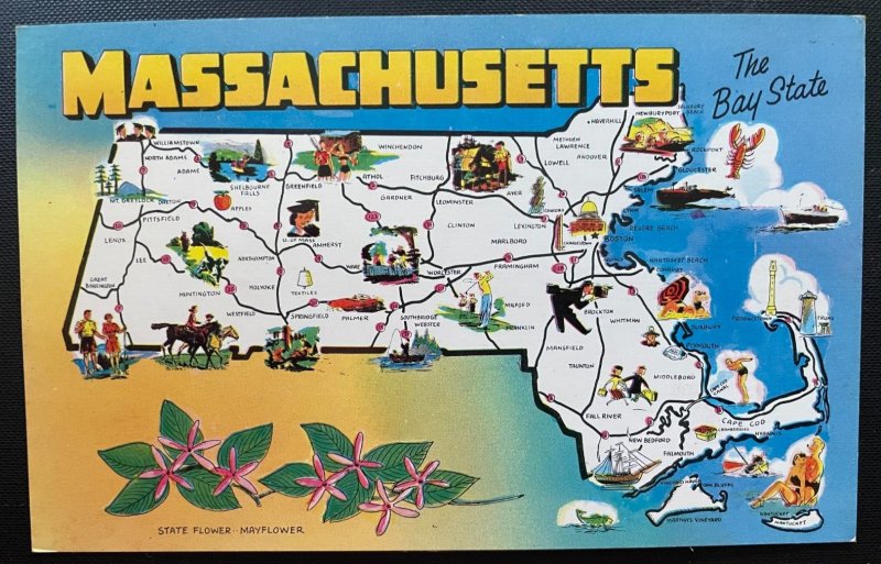 Vintage Postcard 1960's Tourist Map of Massachusetts (MA)