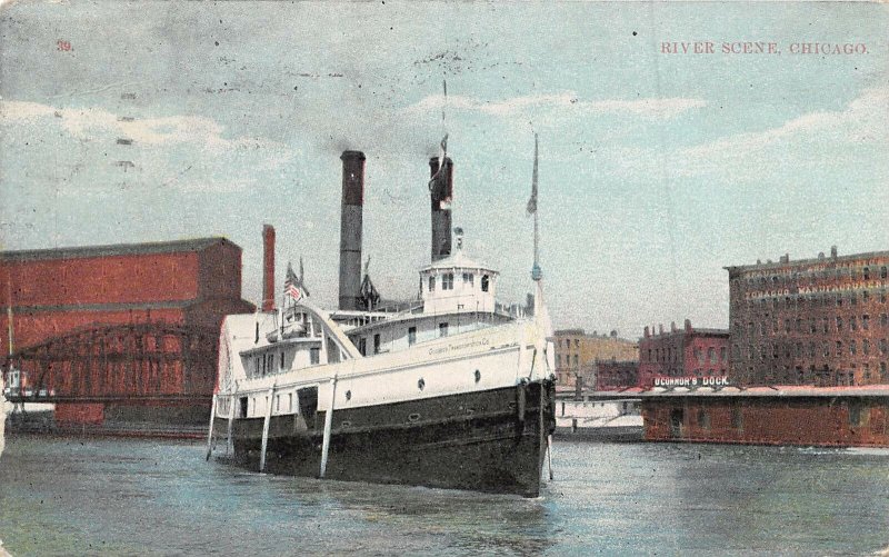 Steamer in Chicago River Chicago Illinois 1909 postcard