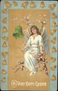 Easter - Angel in Tree & Green Flower Bell c1910 Postcard