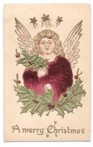 Christmas Angel Applied Velvet Vintage Embossed Postcard