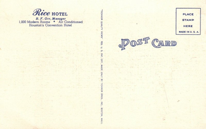 Vintage Postcard Rice Hotel Convention Hotel Modern Rooms Landmark Houston Texas