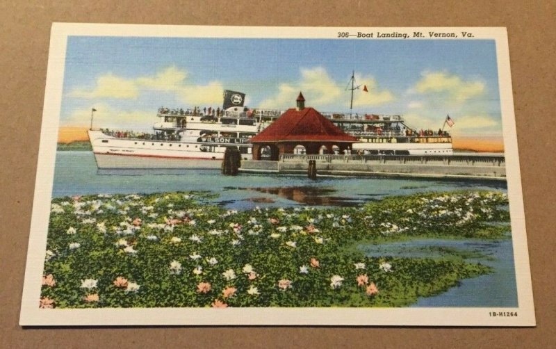 VINTAGE .01 LINEN POSTCARD UNUSED BOAT LANDING, MT. VERNON, VA. WILSON LINE BOAT