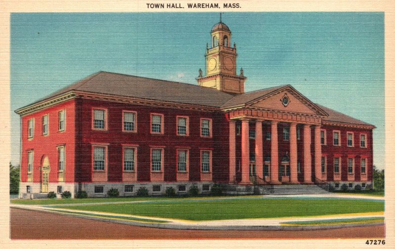 Vintage Postcard Town Hall Building Historical Landmarks Wareham Massachusetts United States
