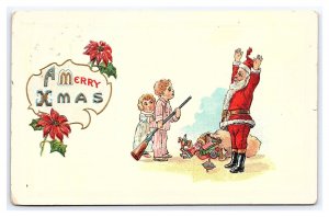 A Merry Xmas Postcard Children With Shotgun Holding Up Santa Claus Red Robe Toys