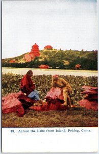 VINTAGE POSTCARD VIEW ACROSS THE LAKE FROM THE ISALND AT PEKING CHINA c. 1910