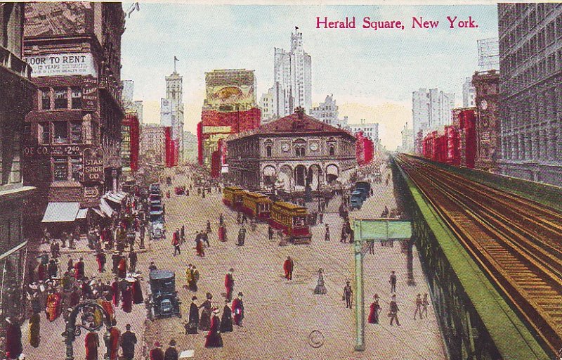 P1280 old pc unused cars trollies people railroad tracks etc herald sq new york