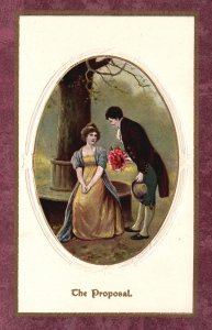 Postcard 1910's The Proposal Man Giving Woman Flowers Couple Lovers Romance Art