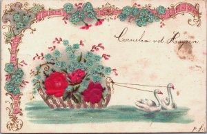 Beautiful Flowers Swans Pulling A Flower Swan Boat Art Embossed Postcard C177