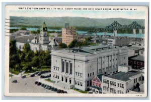 1935 Aerial View, City Hall, Court House and Bridge, Huntington WV Postcard