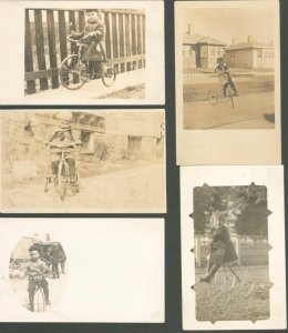 CHILDREN ON TRICYCLES~LOT OF 4 REAL PHOTO POSTCARDS + 1 PHOTOGRAPH