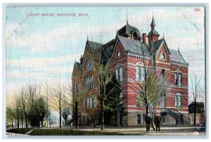 1908 Court House Building Tower Stairs 2 Kids Tree Manistee Michigan MI Postcard