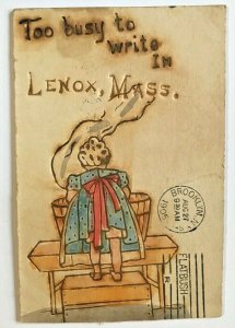 LENOX MA~TOO BUSY TO WRITE-WOMAN WASHING CLOTHES IN WOOD TUB~1905 PMK POSTCARD**