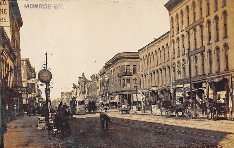 Toledo OH Street Vue Store Fronts Trolley Horse & Wagons Ice Cream RPPC Postcard