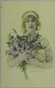 Lovely Lady Holding Flowers Hand Tinted Vintage Postcard P45