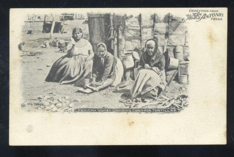 GREETINGS FROM SAN ANTONIO TEXAS MIXICAN WOMAN TORTILLA MAKER OLD POSTCARD