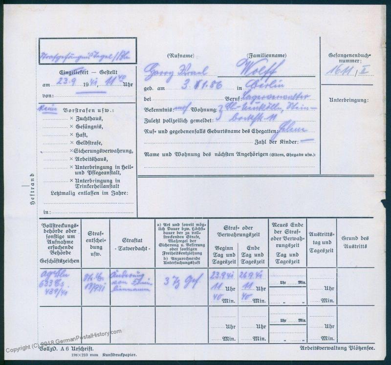 3rd Reich Germany Jewish Persecution Prisoner Changing Name Berlin Tegel 86062