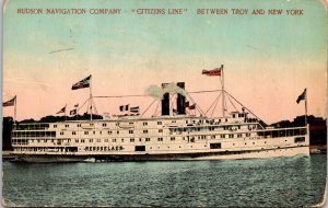 Troy & New York Hudson River Steamer Ferry Ship Crossing Scenic DB Postcard