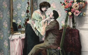 Vintage Postcard 1912 Lover Couple In The Room Cuddles Sweet Romance 