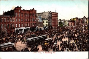 Labor Day Reading Pennsylvania Antique Postcard Crowd Trolley KJ7