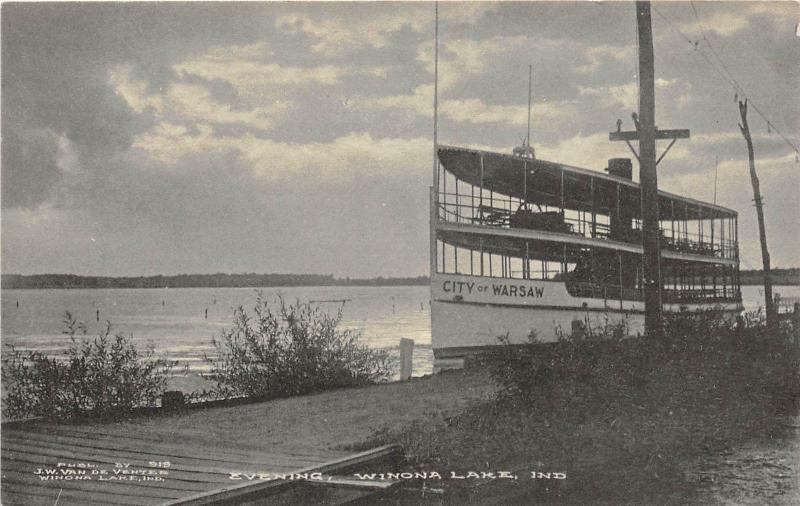 A69/ Winona Lake Indiana In Postcard c1910 Evening City of Warsaw Steamer Boat