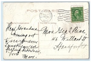 1913 Valentine Loving Thought Hearts Flowers Hartford CT Embossed Postcard 
