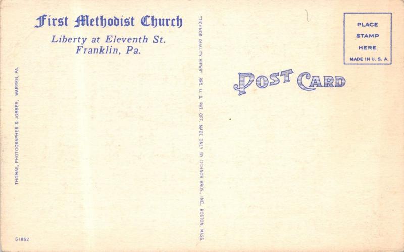 FRANKLIN PENNSYLVANIA FIRST METHODIST CHURCH LIBERTY & ELEVENTH POSTCARD c1940s