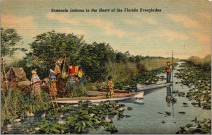 Vtg Seminole Indians Native Americans Florida Everglades Canoe FL Linen Postcard