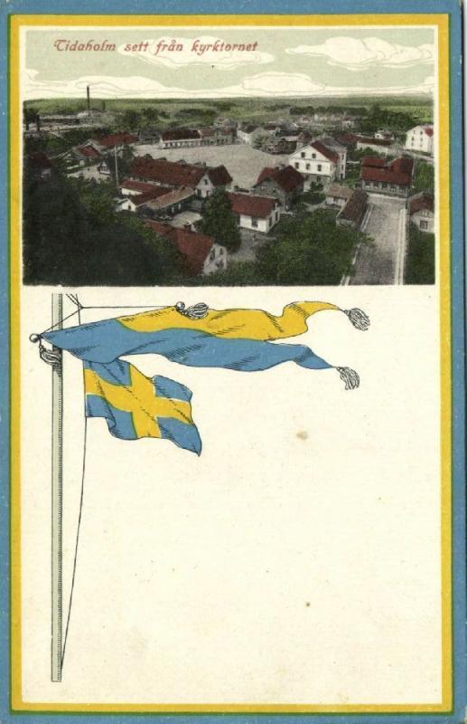 sweden, TIDAHOLM, Panorama from Church Tower, Swedish Flag Postcard (1910s)