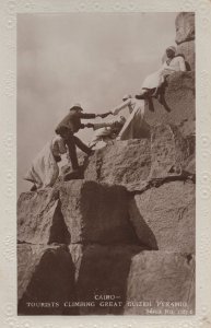 Cairo Tourists Climbing The Great Pyramid Egypt Real Photo Postcard