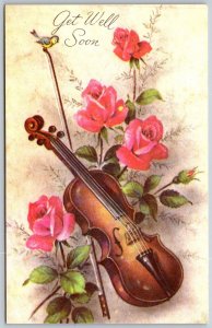 Vtg Greetings Get Well Soon Violin With Pink Roses Unused Postcard
