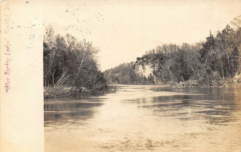 Restful MO~Blue Spring Lodge~Bluffs on River~Type 3 Sharp Doane Cancel~1906 RPPC 