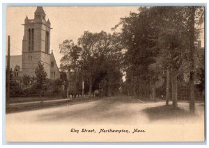 c1905 Elm Street Building Tower Dirt Road Lined Trees Northampton MA Postcard 