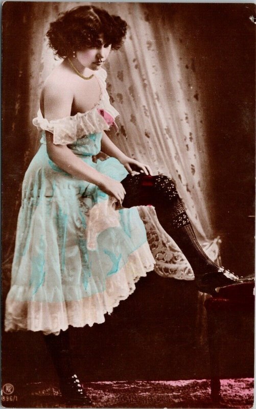 Sexy Young Woman Female Risque Pretty Blue Dress RPPC Postcard F73 *as is