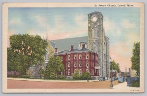Linen~St Peters Church On Corner Lowell Massachusetts~Vintage Postcard