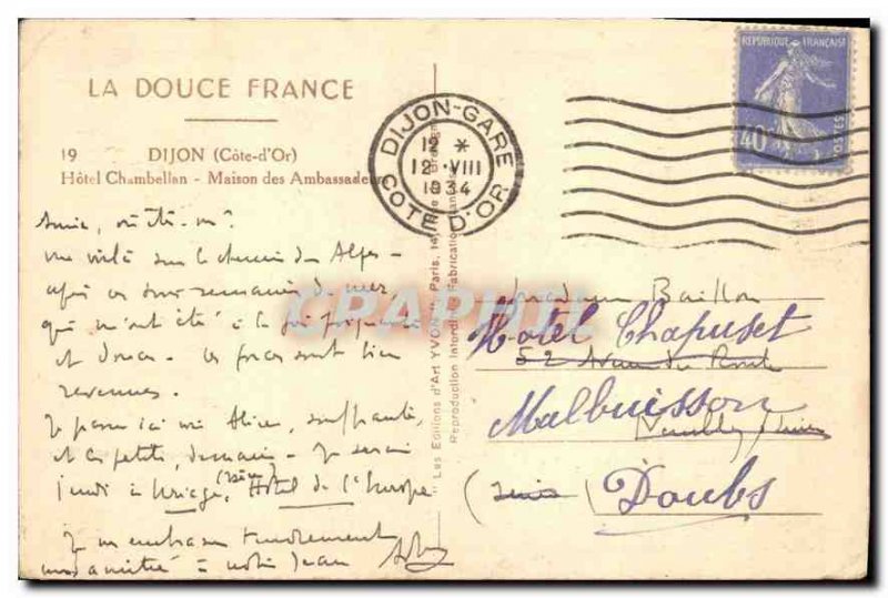 Old Postcard Dijon Cote d'Or Hotel Chamberlain House Ambassadors