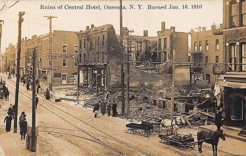 Oneonta NY Fire at Central Hotel Horse & Delivery Wagon Real Photo Postcard