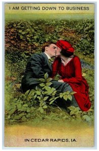 c1910's I Am Gettings Down To Business Cedar Rapids Iowa Kissing Couple Postcard