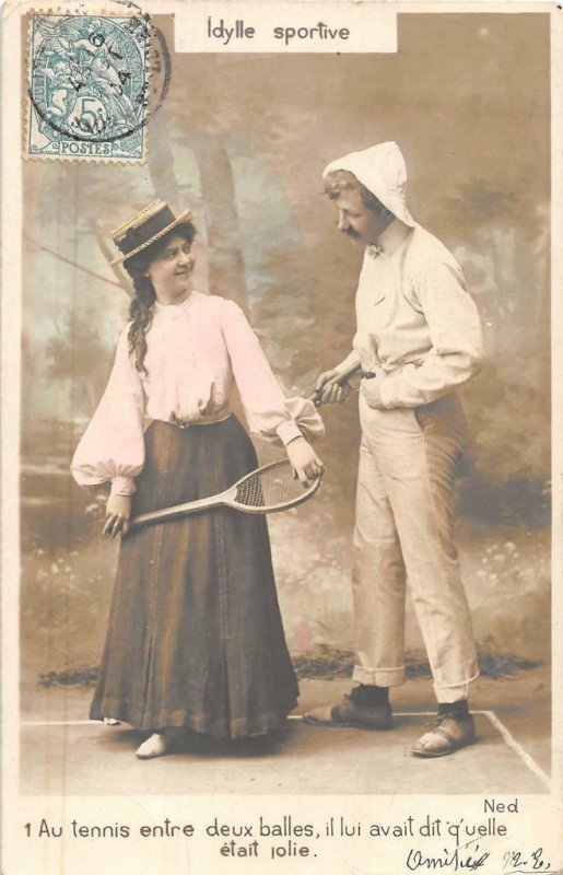 RPPC FRANCE TENNIS ROMANCE STUDIO REAL PHOTO POSTCARD EXCHANGE 1904