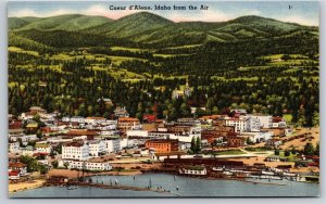 Coeur d'Alene Idaho~Air View of City & Harbor~Vintage Linen Postcard
